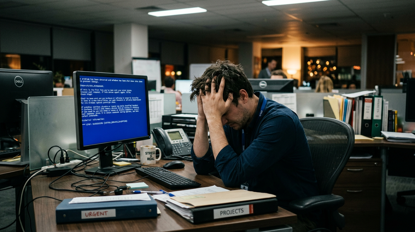 Frustrated office worker with a broken computer