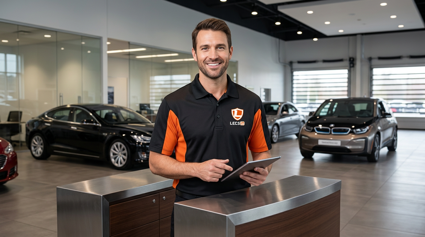 LecsIT technician wearing the company polo shirt at an automotive dealership